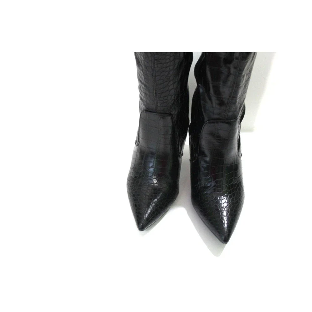 Black Thigh High Alligator Print Stiletto Heel Boots Women's Over the Knee Sz 7